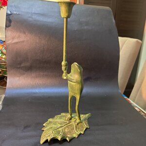 Brass Frog Sculpture holding a candlestick while floating on a lilypad 11" Tall